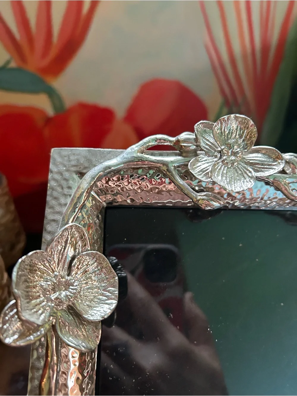 Michael Aram White Orchid Silver Floral Hammered Metal Picture Frame